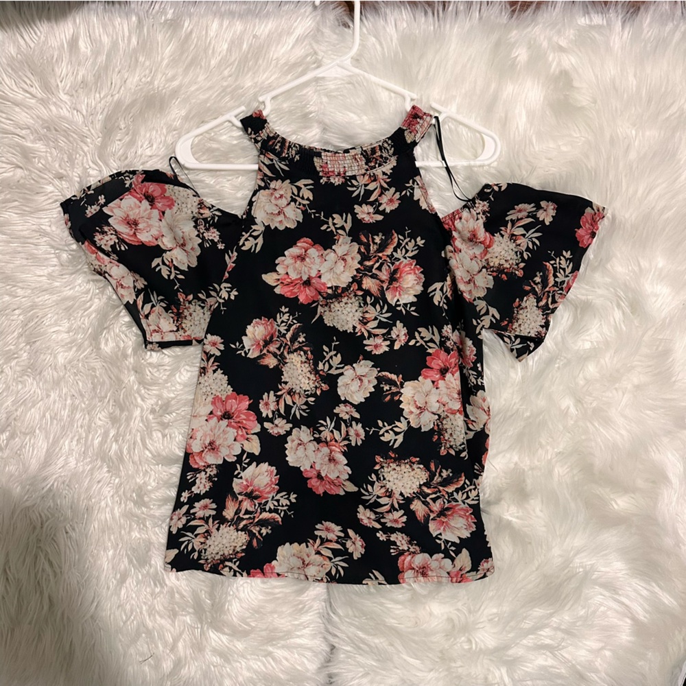 Black blouse with pink flowers